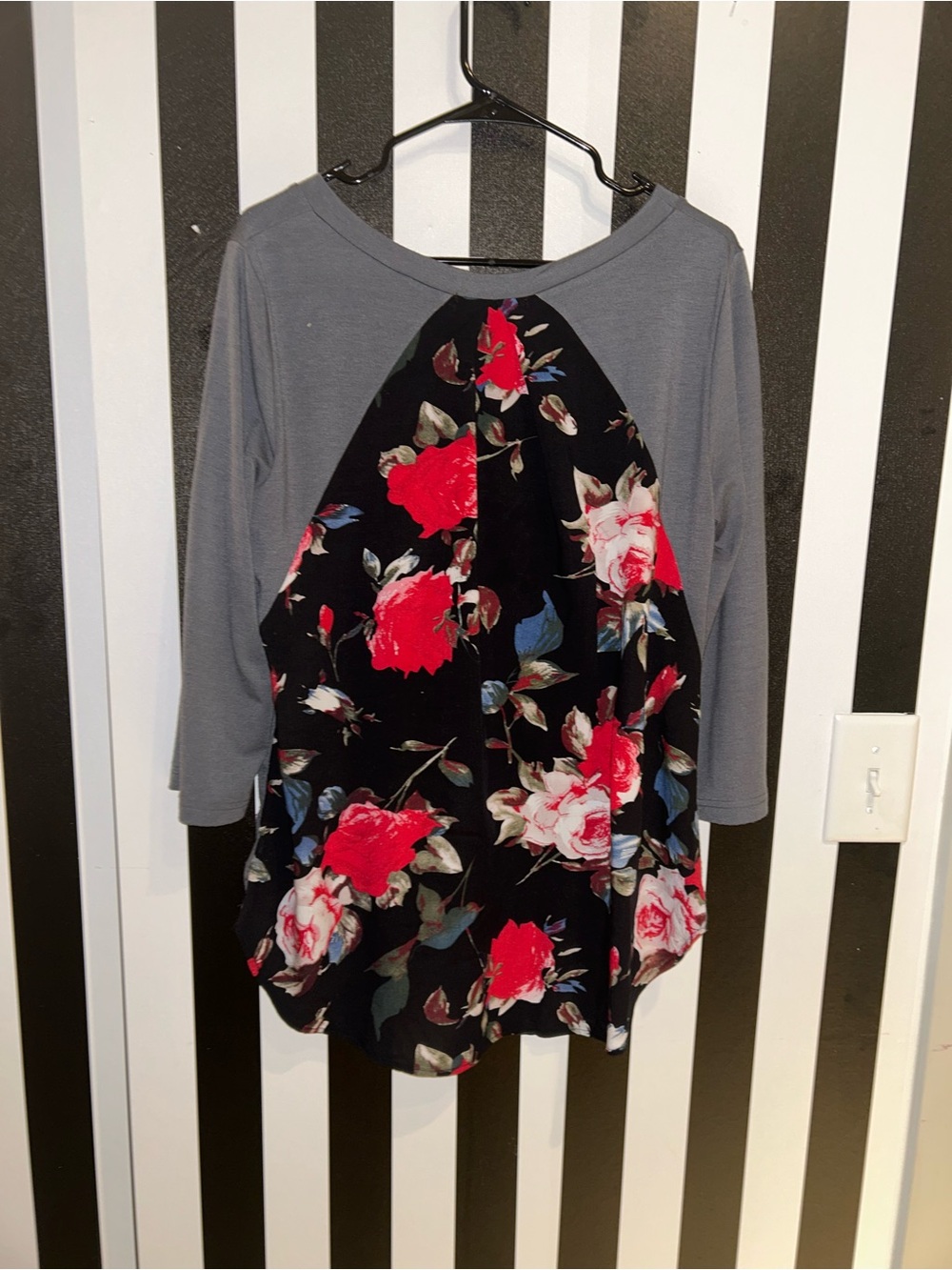 Gray Raglan Top with Black Floral Front